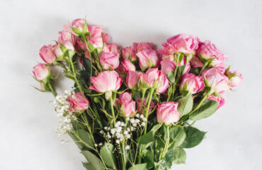 A bouquet of pink roses with baby's breath flowers.