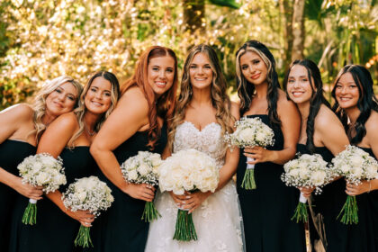 Bride with bridesmaids in black dresses holding bouquets outdoors.